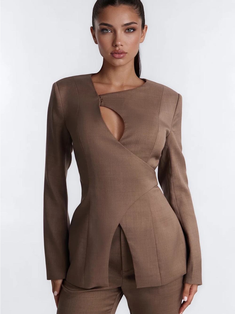 Tailored Brown Cutout Wrap Blazer